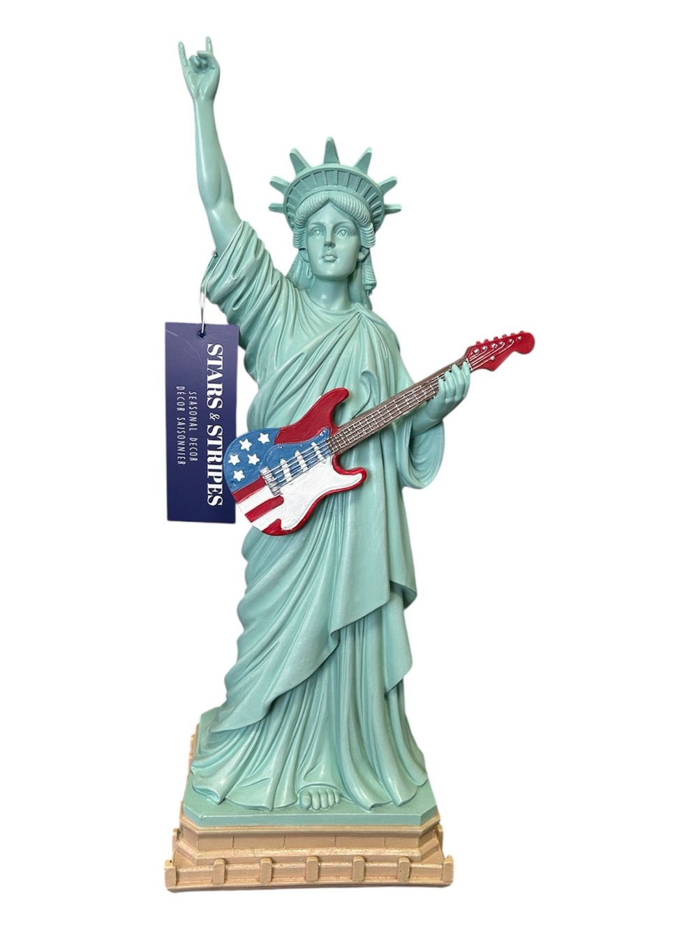 Statue of Liberty Figurine Rockstar with American Flag Guitar - 17” Tall